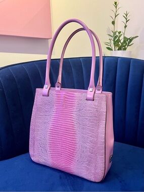 RARE Salvatore Ferragamo Pink Tejus Lizard & Leather Vintage Structured Tote Bag